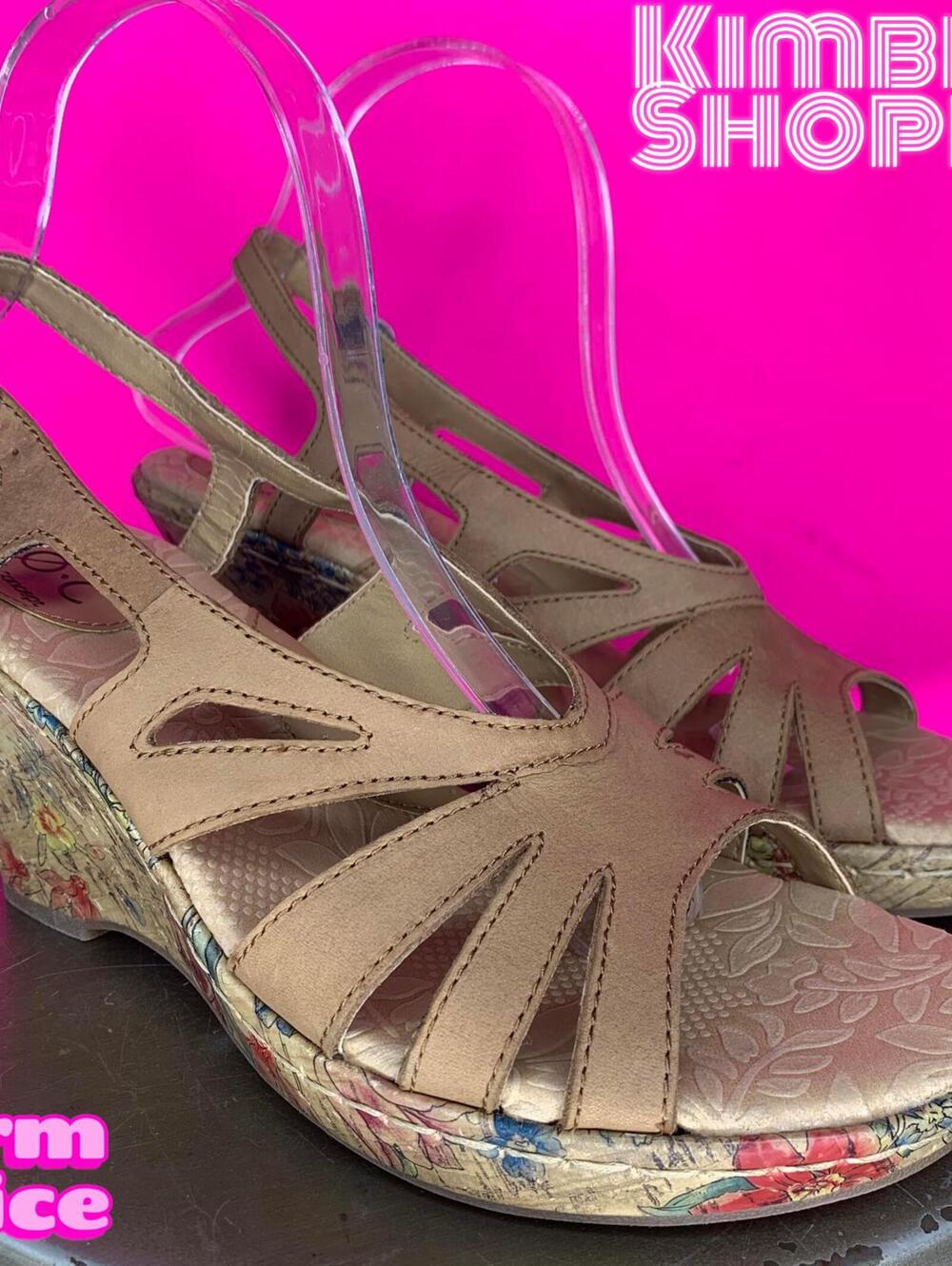 B.O.C. Tan Leather Floral Cork Wedge Slingback Sandal US 9 UK 7
